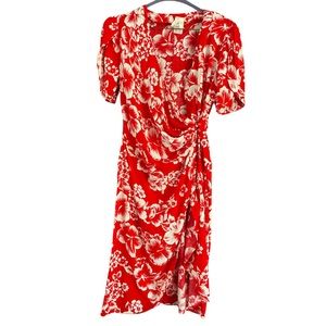 Vintage Red Floral Sarong Three Button Wrap Cocktail Dress.